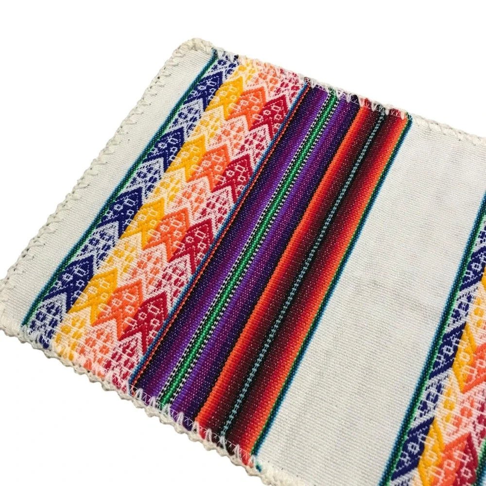 Handwoven Peruvian Textile Placemat Rainbow Geometric Stripe Crochet Trim 16x11